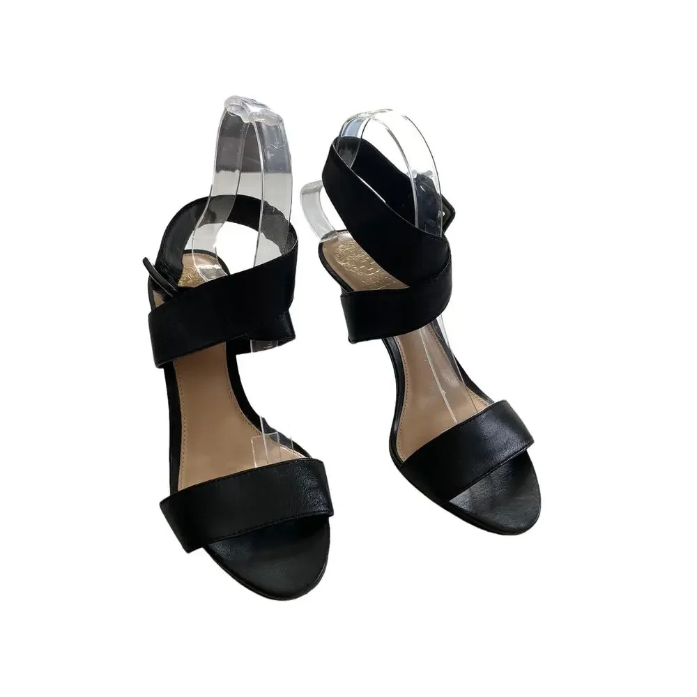 vince camuto Black Leather Wrap Around Casara Sandal heels Size 7.5 37.5